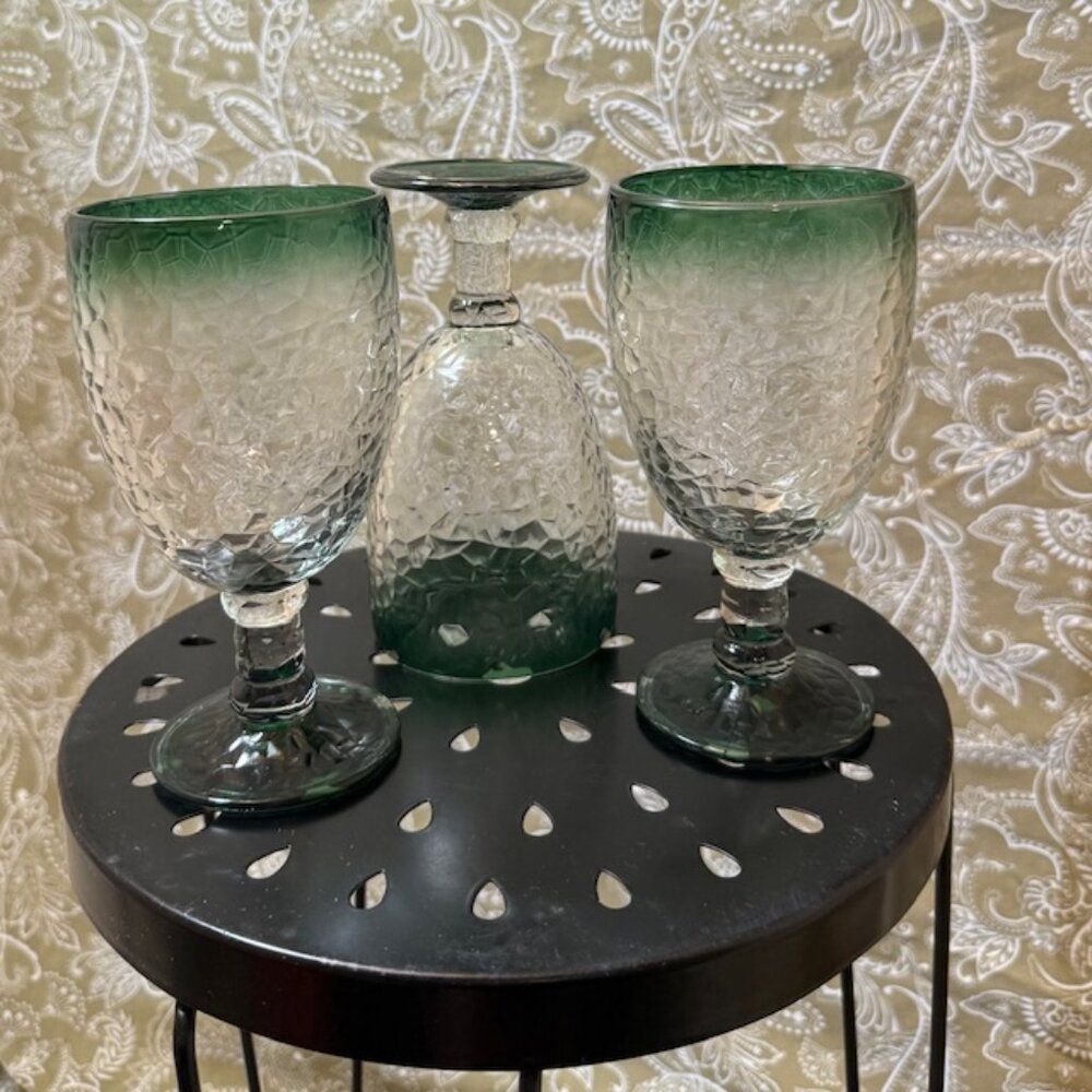 Set of  3 Large Vintage Libbey Ombre Green Crackle Glass Wine/Water Goblets